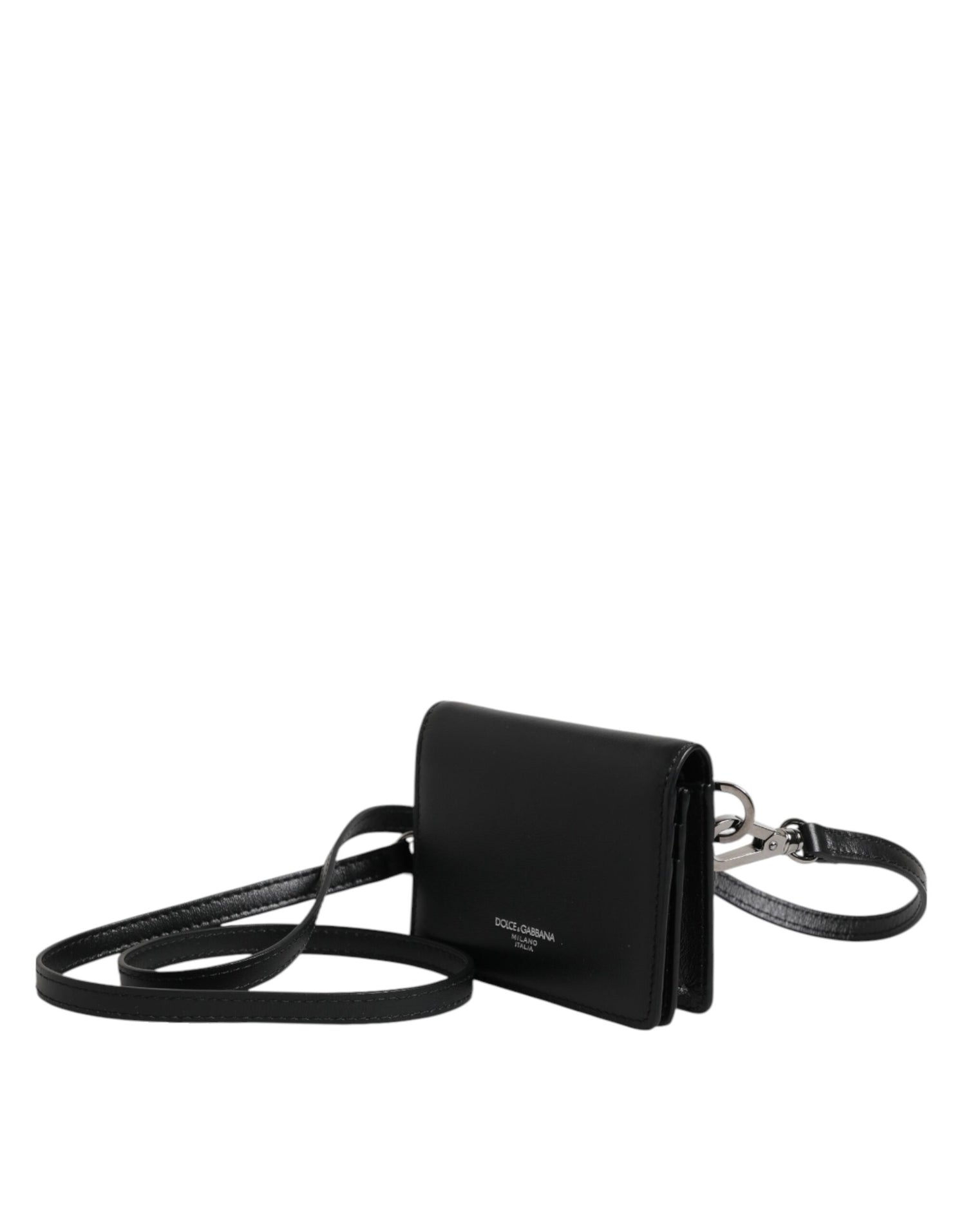 Dolce &amp; Gabbana Black Leather Bifold Card Holder Crossbody Men Borse Bag