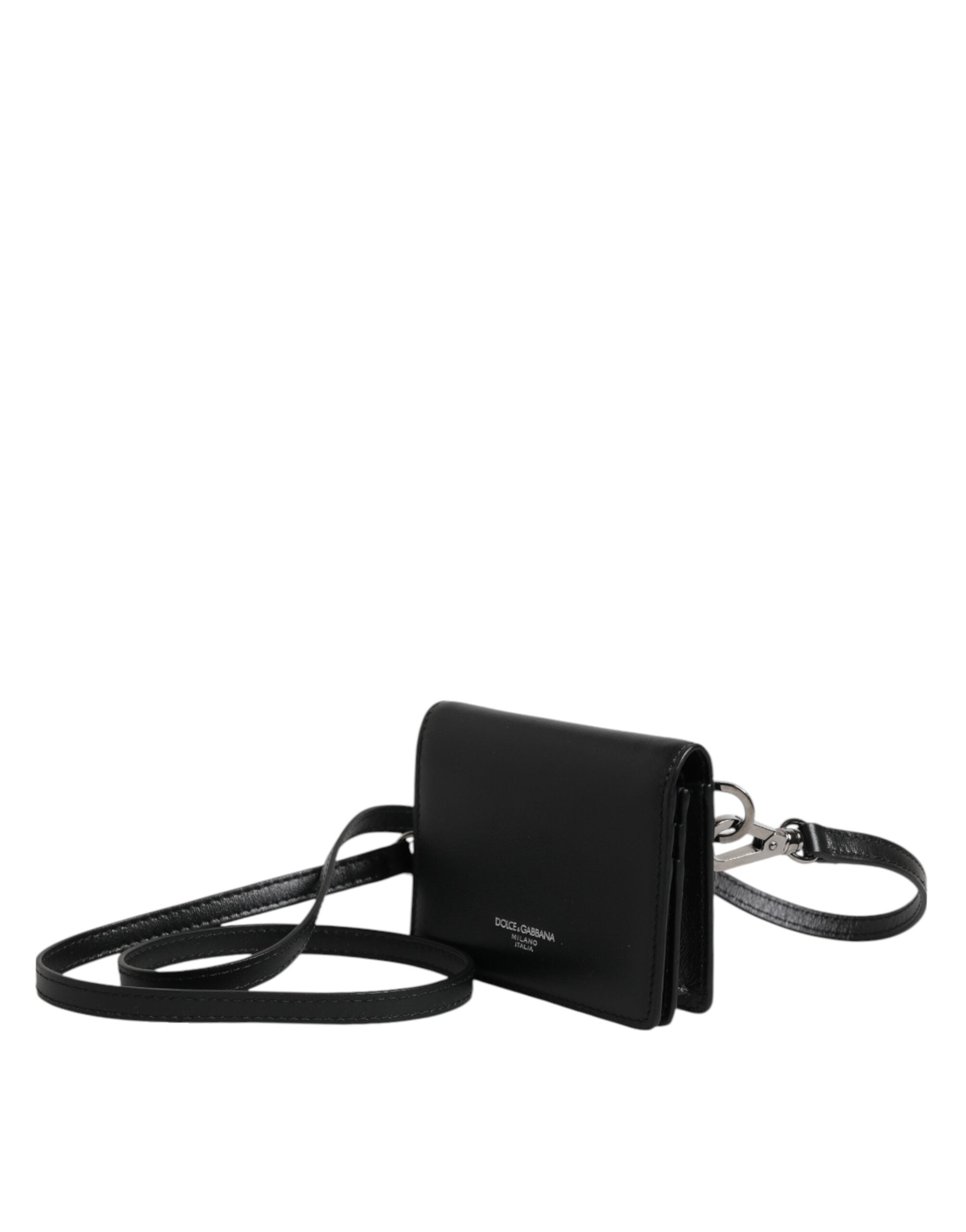 Dolce &amp; Gabbana Black Leather Bifold Card Holder Crossbody Men Borse Bag