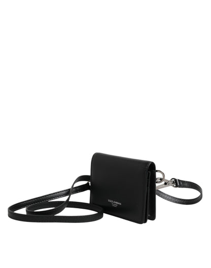 Dolce &amp; Gabbana Black Leather Bifold Card Holder Crossbody Men Borse Bag