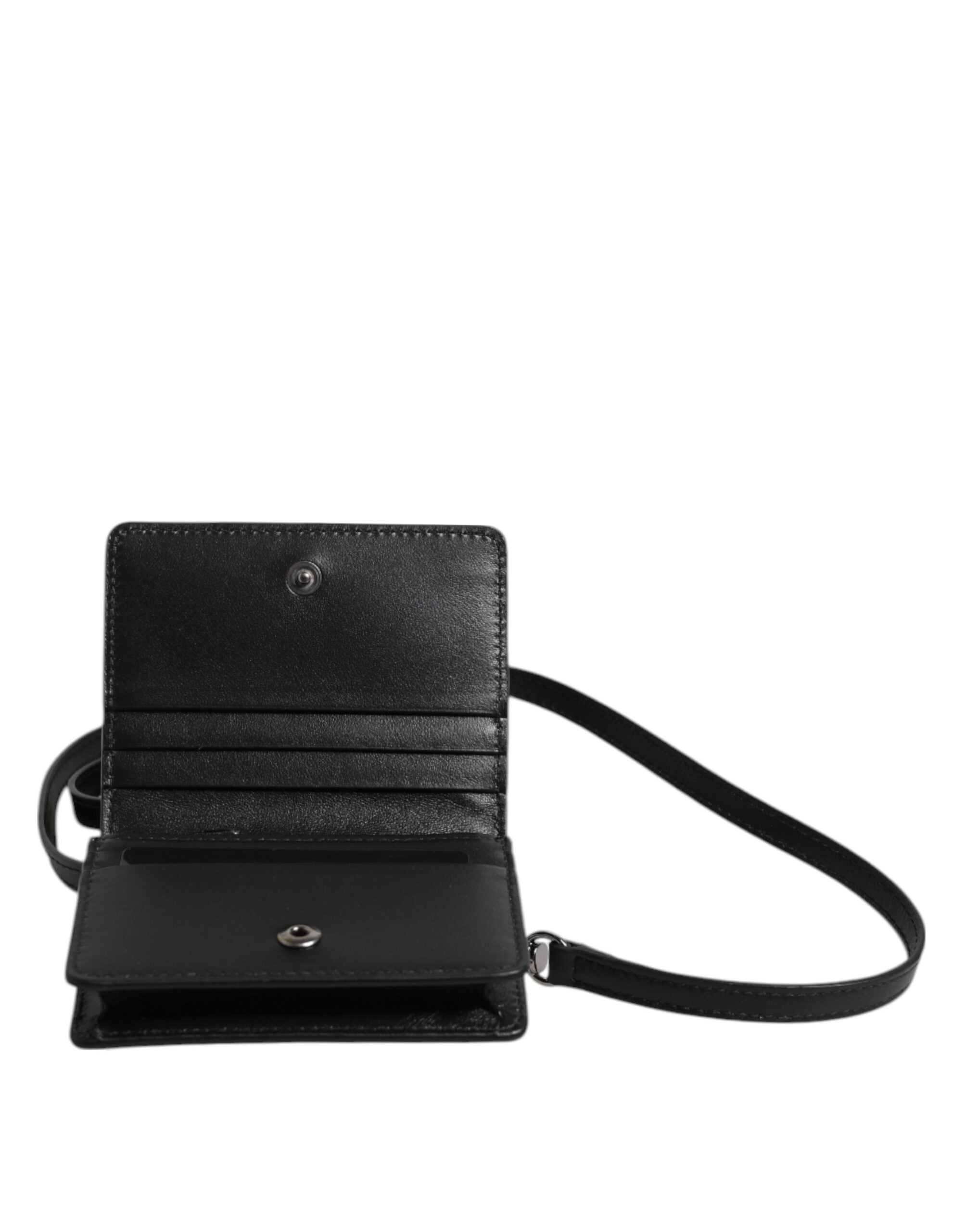 Dolce &amp; Gabbana Black Leather Bifold Card Holder Crossbody Men Borse Bag