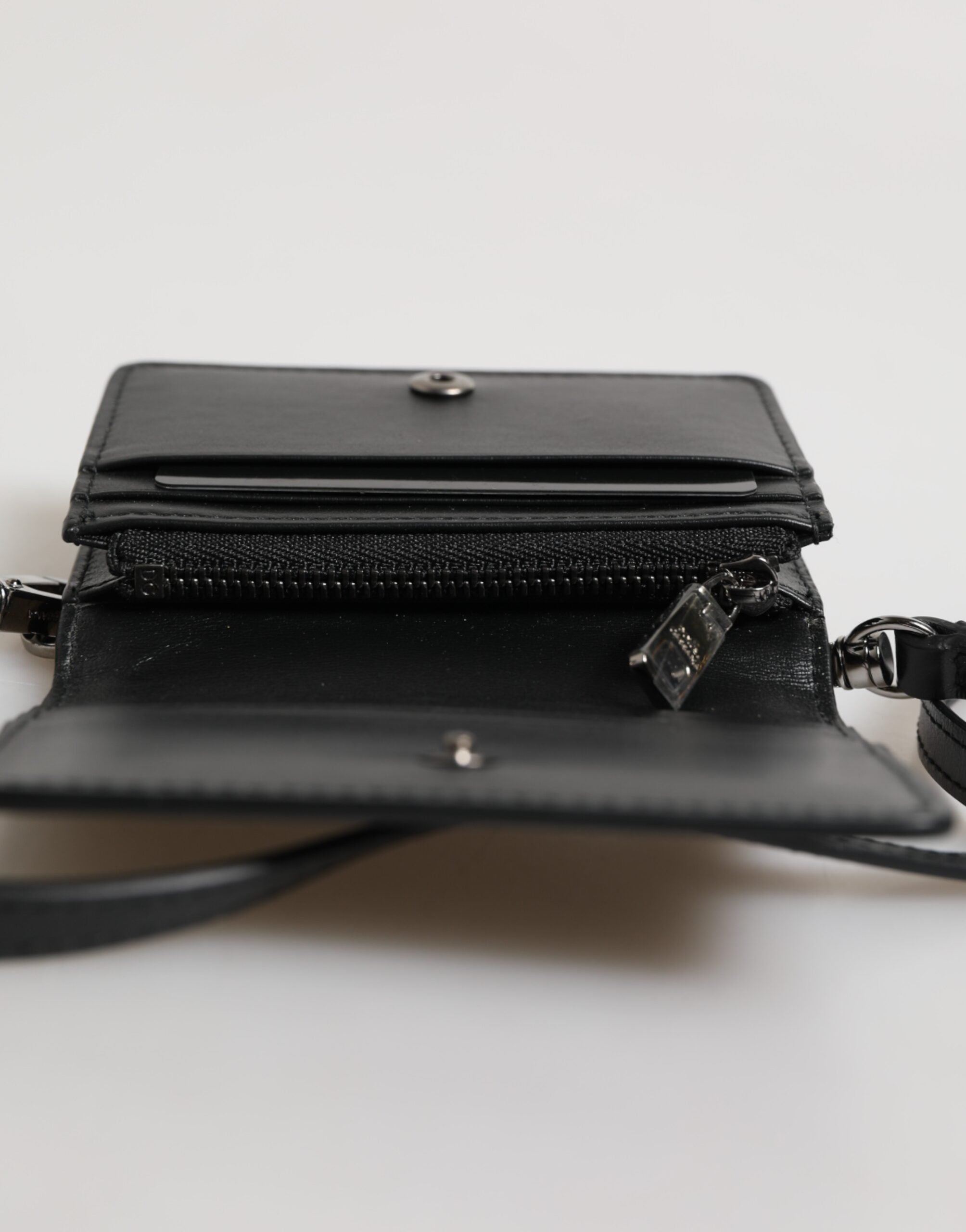 Dolce &amp; Gabbana Black Leather Bifold Card Holder Crossbody Men Borse Bag