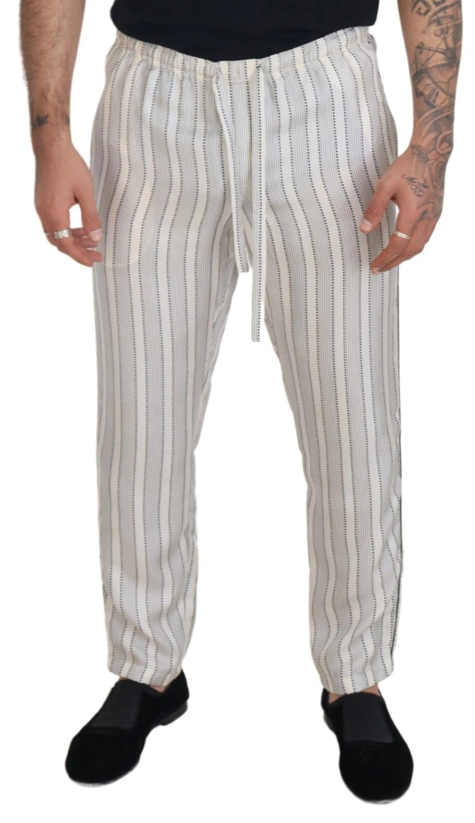 Dolce &amp; Gabbana White Stripes Silk Lounge Trouser Pants
