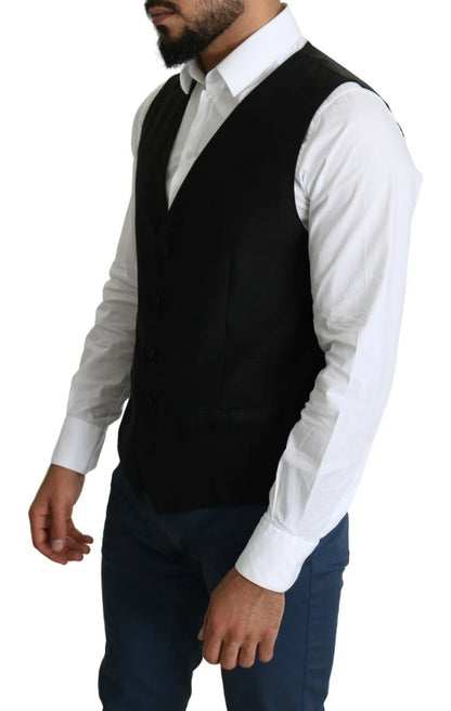 Dolce &amp; Gabbana Black Wool Men Formal Waistcoat Vest