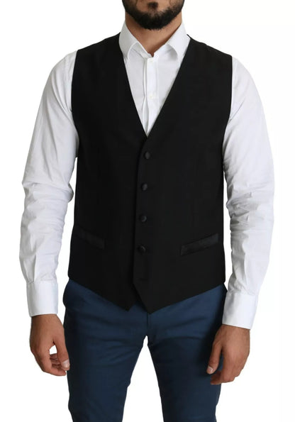 Dolce &amp; Gabbana Black Wool Men Formal Waistcoat Vest