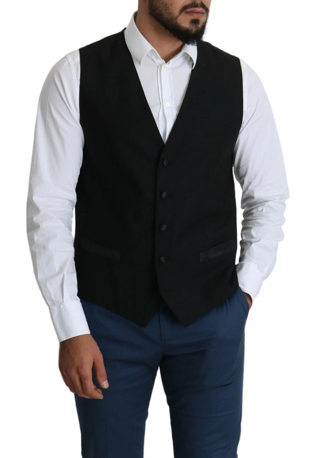 Dolce &amp; Gabbana Black Wool Men Formal Waistcoat Vest