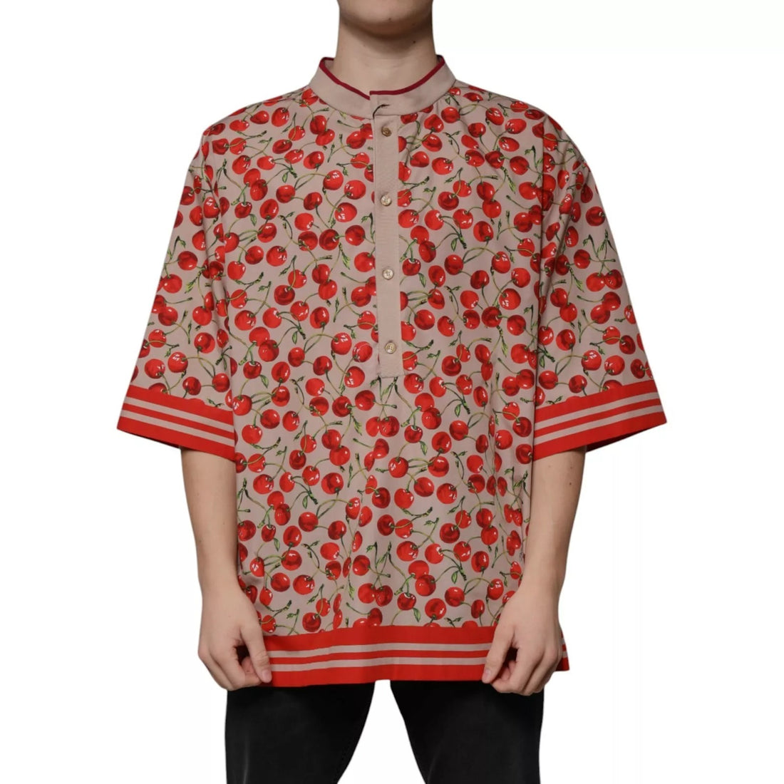 Dolce &amp;amp; Gabbana Beige Körsbärsfärgad Nylonknappad Casual Skjorta