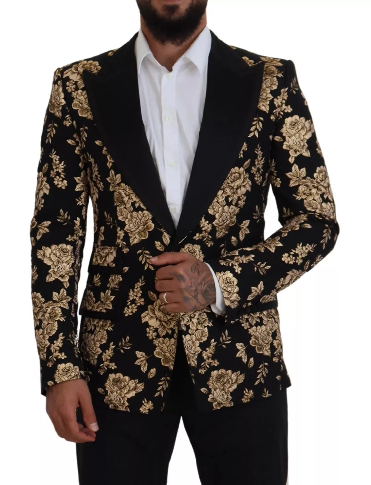 Dolce &amp; Gabbana Gold Black Floral Embroidered Jacket Blazer