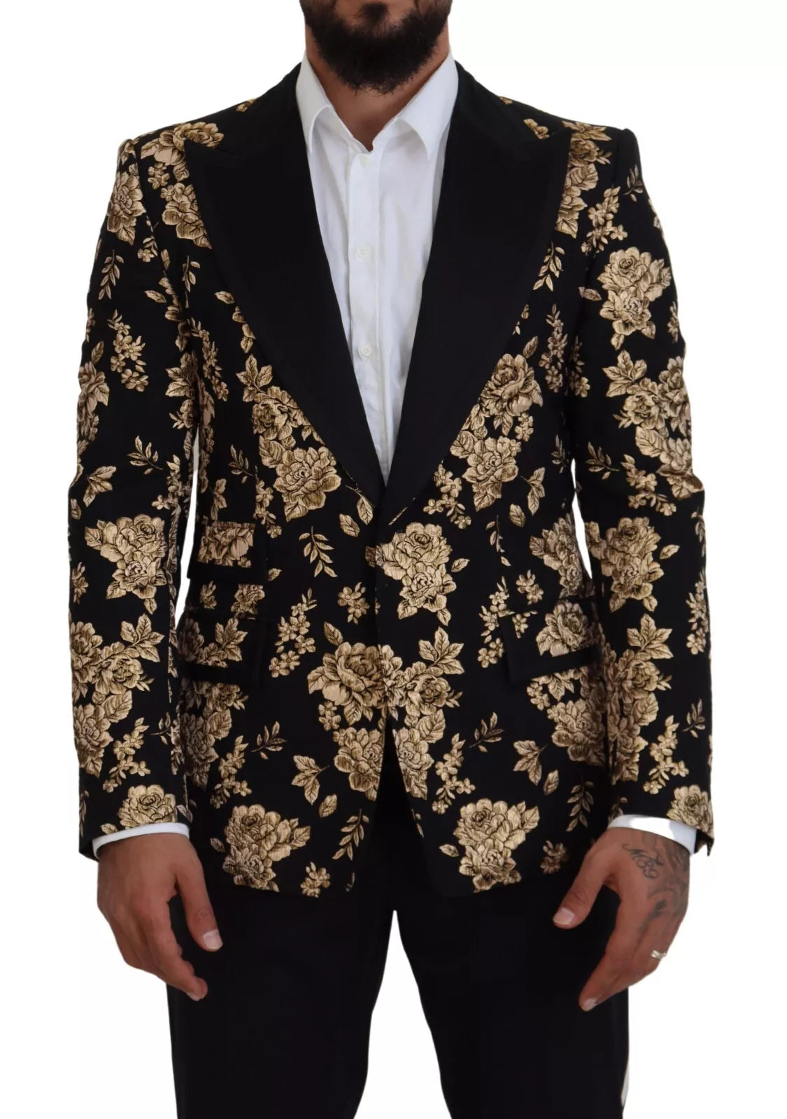 Dolce &amp; Gabbana Gold Black Floral Embroidered Jacket Blazer